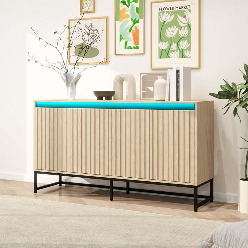 Brayden Studio 59.06 In. Natural Color 4 Door Sideboard Storage Cabinet With Led And Adjustable Shelf For Living Room Kitchen Wayfair